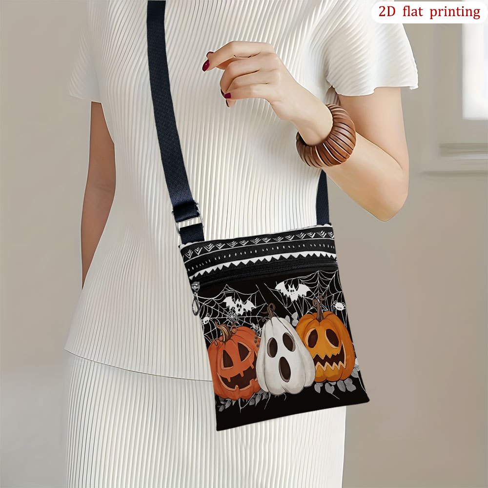 TEMU 1pc [2d Flat Printing] Halloween-themed Crossbody Bag Featuring A Spider Web, Bat, And Pumpkin Design. Ideal For Everyday Use, This Small,
