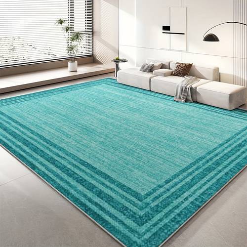 velvet material with a non slip plastic backing area rug carpet for home decor designers featuring a minimalist geometric border in teal tones rug suitable for living rooms bedrooms