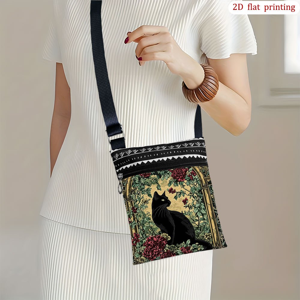 TEMU 1pc Black Cat & Flower Arch Frame Crossbody Bag - Adjustable Strap, Zipper Closure, Durable Handbag With Cute Kitten & Botanical Print For Daily