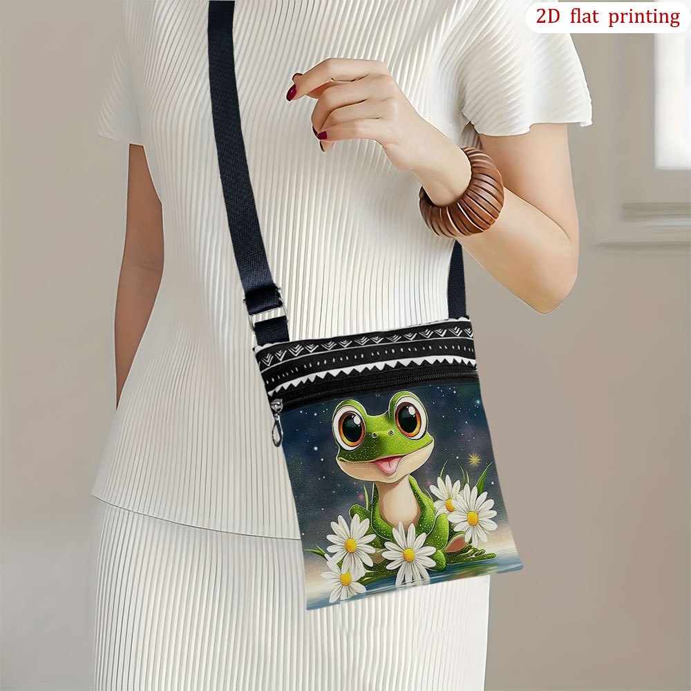 TEMU 1pc Frog Starry Night Crossbody Bag With Adjustable Strap & Zipper Closure - Cute Frog & Daisy Print Phone Purse, Casual Handbag Suitable For
