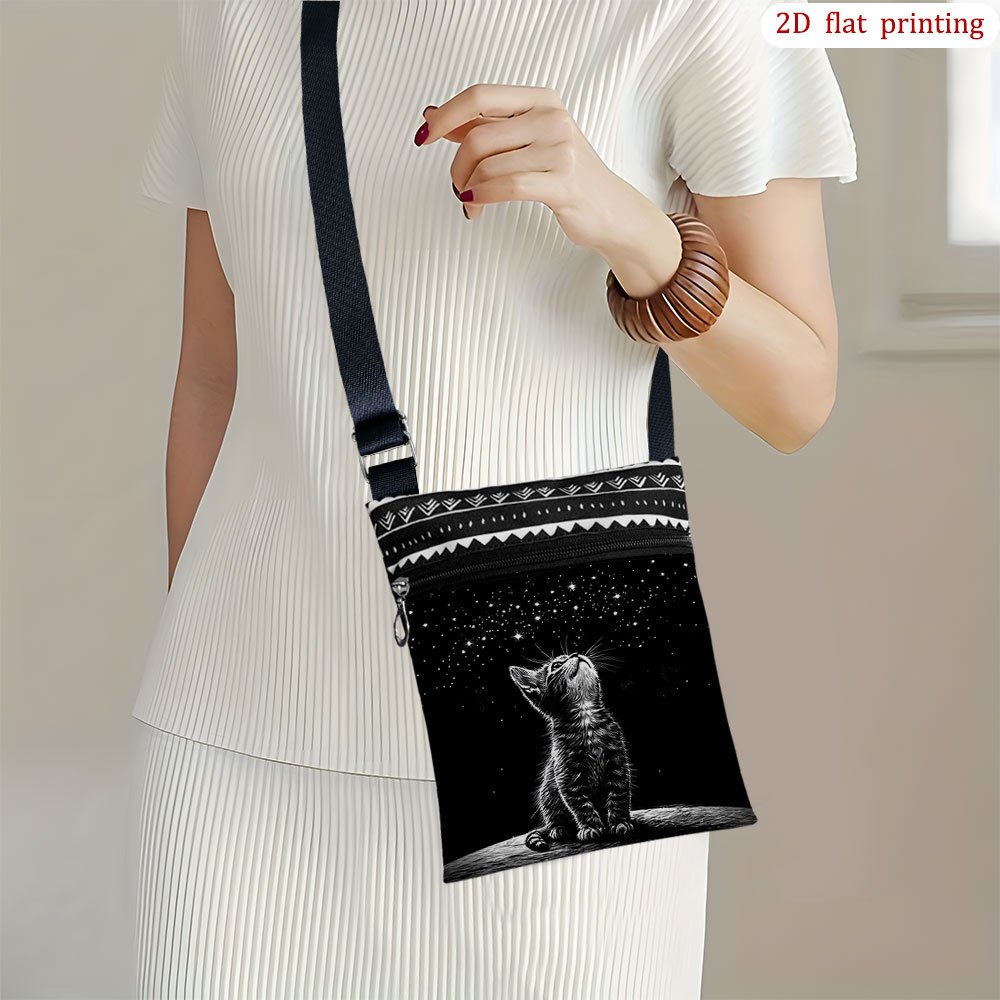 TEMU 1pc Kitten & Crossbody Bag - Cute Kitten Face & Star Patterns, Adjustable Strap Lightweight Small Purse, Casual Handbag For Daily Use, Parties,
