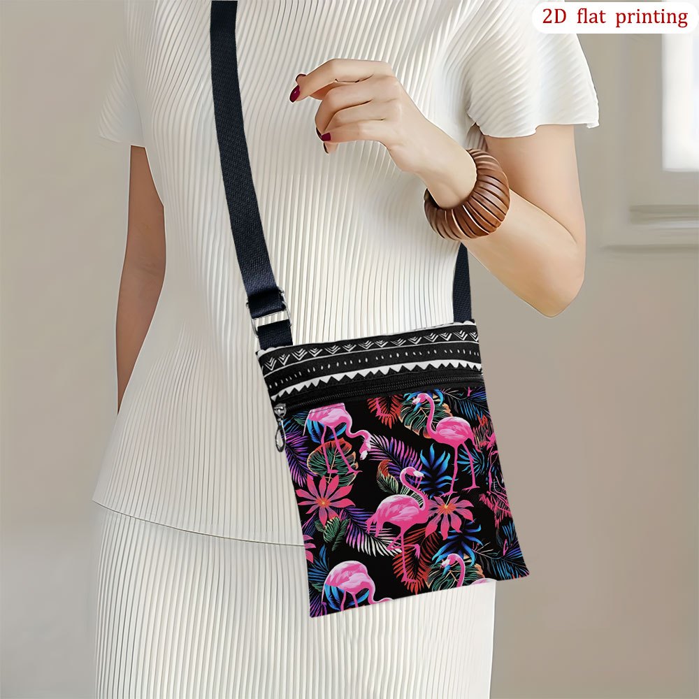 TEMU 1pc [2d Flat Printing] Flamingo Palm Flower Tropical Black Crossbody Bag Daily Use, Vibrant Design Durable Fabric Small Phone Bag Gift For Small