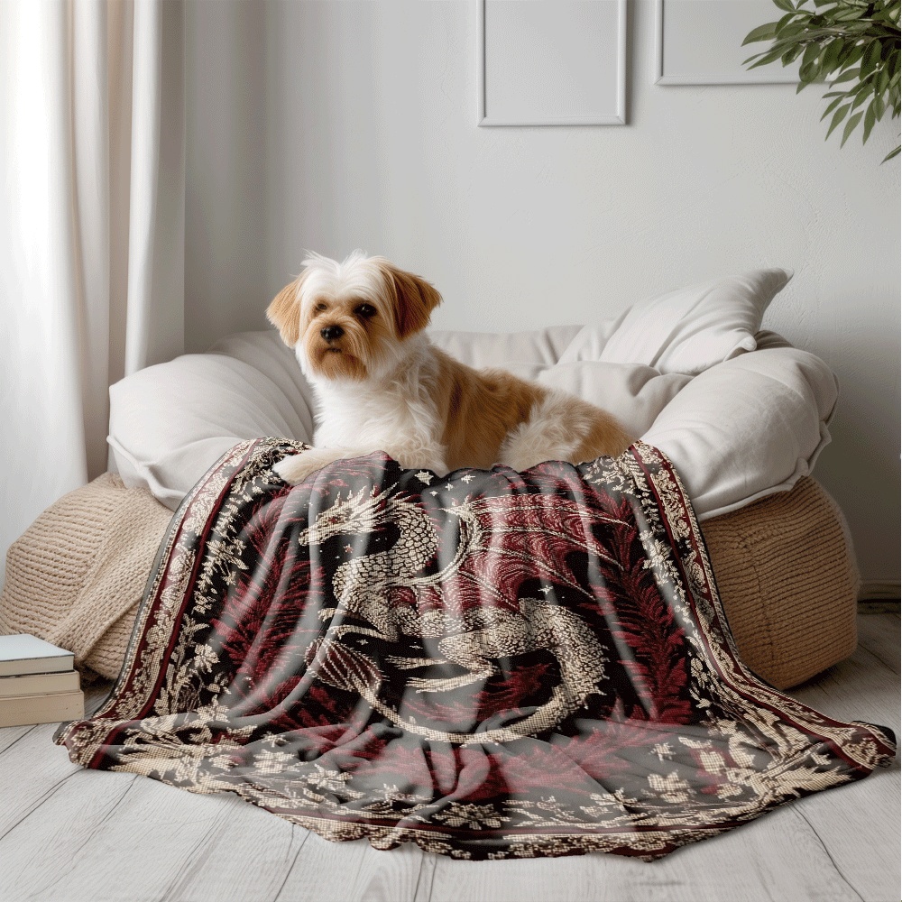 TEMU 1pc, Soft And Comfortable Flannel Blanket, Nap Blanket, Bedspread, A Red And Black Hanging Ornament With A Dragon Painted On It, Suitable For