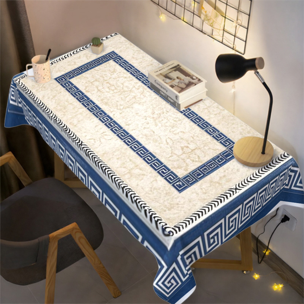 TEMU 1pc, Geometric Stripe Style Greek Scroll Pattern Tablecloth, Blue And Scheme, Machine Washable For And Durability, Suitable For Use In