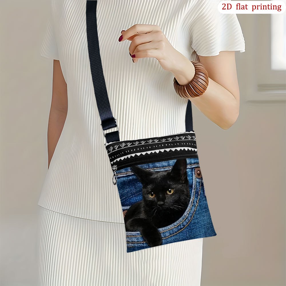 TEMU 1pc [2d Flat Printing] Blue Jean Pocket Cat Crossbody Bag For Everyday Use, Stylish Lightweight Small Gift Bags In Mixed Colors, Ideal For Small