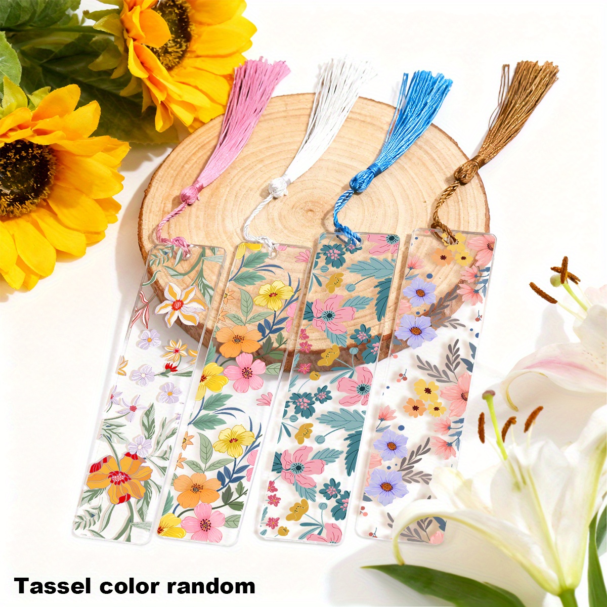 TEMU 2d Flat Printed, 4pcs Set Of Colorful Tassel Transparent Acrylic Bookmarks, Suitable For Women, Teachers, Book Lovers, Readers, And Writers, A