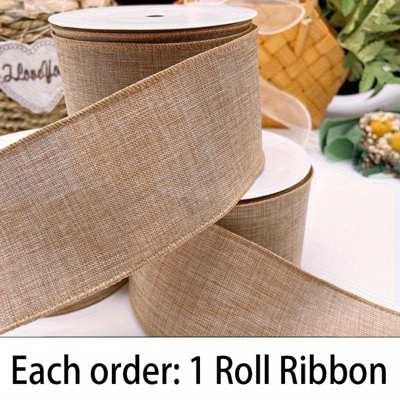 TEMU 1 Roll, 63.5mm/2.5 Inches, Brown Jute-like Burlap Ribbon And Wire-woven Webbing. Spring New Product Packaging Gift Box, Wedding Bow, Bouquet