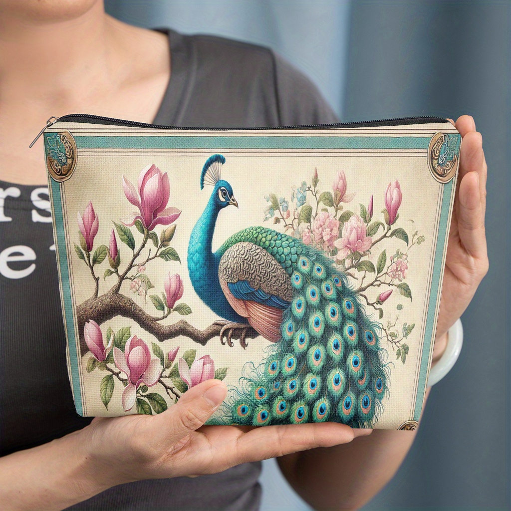 TEMU 1pc, A Peacock Resting On A Branch, Stylish Cosmetic Bags, Makeup Organizers, Gifts For All Adults, Secure Zipper Pouches, Toiletry Storage,
