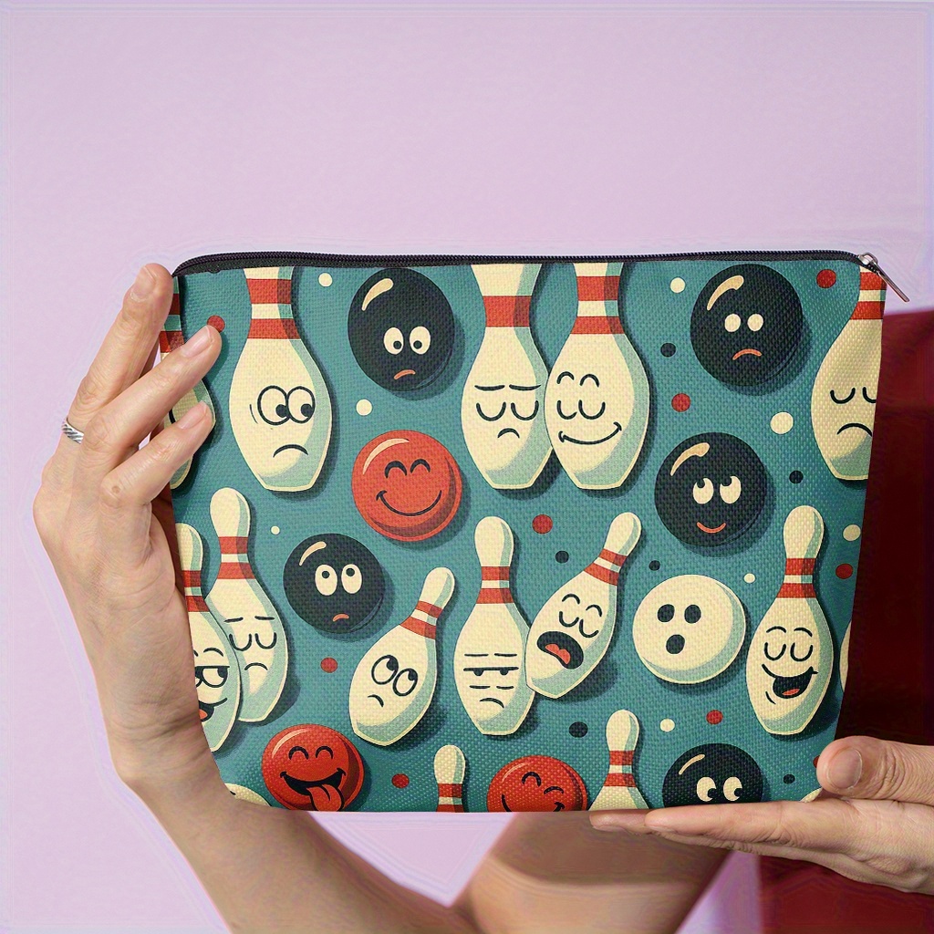 TEMU 1pc Bowling-themed Cosmetic Bag With Fun & Balls Print - Double-sided Women's Makeup Pouch, Toiletry Organizer, Travel Clutch (machine-washable)
