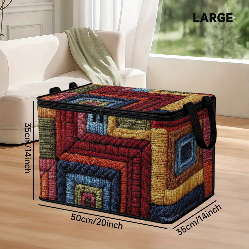 TEMU 1pc Modern Rectangular Storage Basket With Lid - Lid & Colorful Yarn Squares Print (suitable For Closet, Laundry, Bedroom, Car Trunk) - Durable