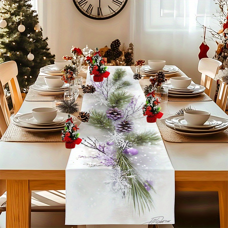 TEMU 1pc Purple Pine Cone & Snowflake Table Runner - Soft Polyester, Easy-clean Christmas & New Year Holiday Decor With Romantic Cedar Branches &