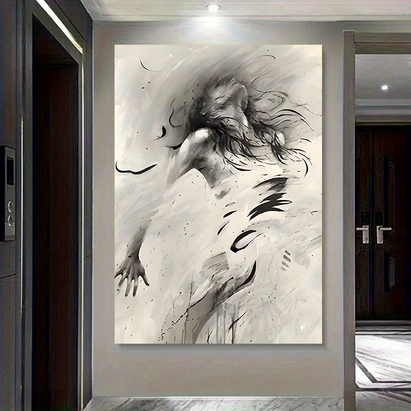 TEMU 2d Flat, 2d1 Black And White Ink Wash Style Portrait Pattern, With Flowing Hair And Dynamic , Christmas, 2d Frameless Canvas Painting. Suitable