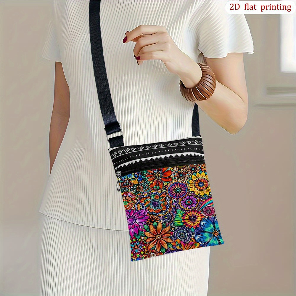 E-shop [2D Flachdruck] Bunte Blumenmuster Umhängetasche für den täglichen Gebrauch, Lebendige Muster, Lässige kleine Partygeschenke, Geschenk zum