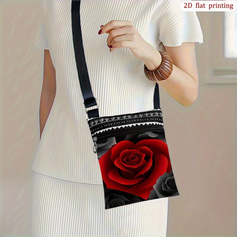 TEMU 1pc Red Rose Petals Crossbody Bag With Adjustable Strap & Zipper Closure - Casual Elegant Small Purse For Beach Trips, Parties, Daily Use - Hand