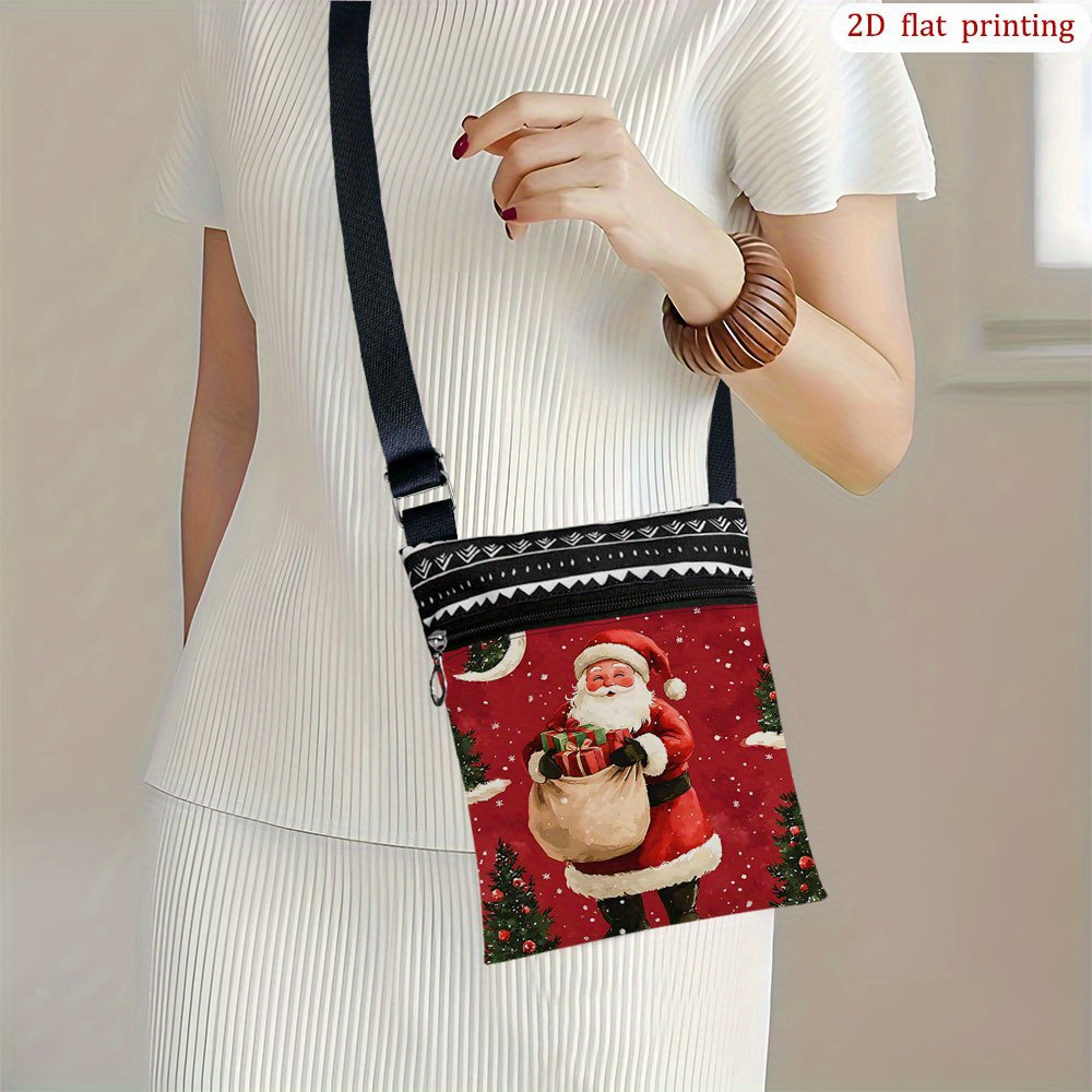 TEMU 1pc Christmas Santa Claus Gift Bag Crossbody Bag - Lightweight Small Zipper Closure Handbag With Adjustable Strap, Multicolor For Christmas,
