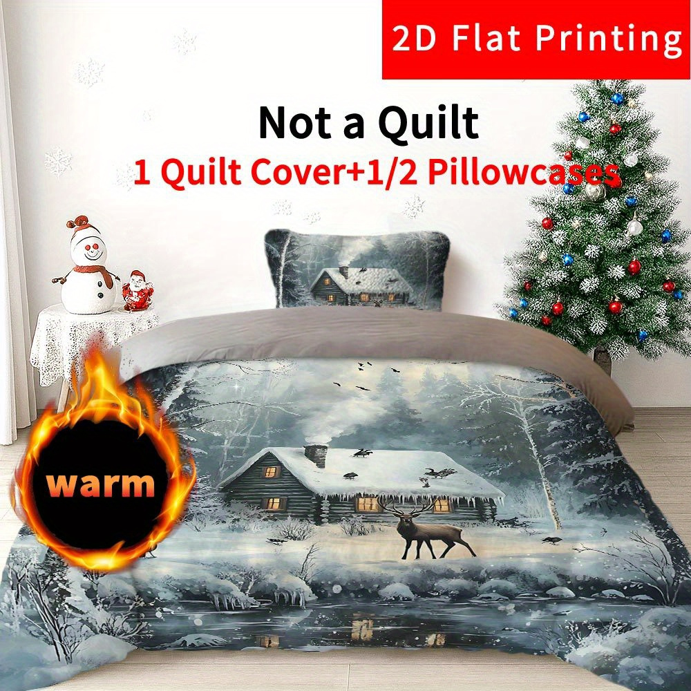 TEMU 2/3pcs Cabin Deer Pattern Milk Velvet Duvet Cover Set 2d Flat Cabin Thick Blanket Warm Comforter Bedding Set 1 Duvet Cover  1/2 Pillowcases For