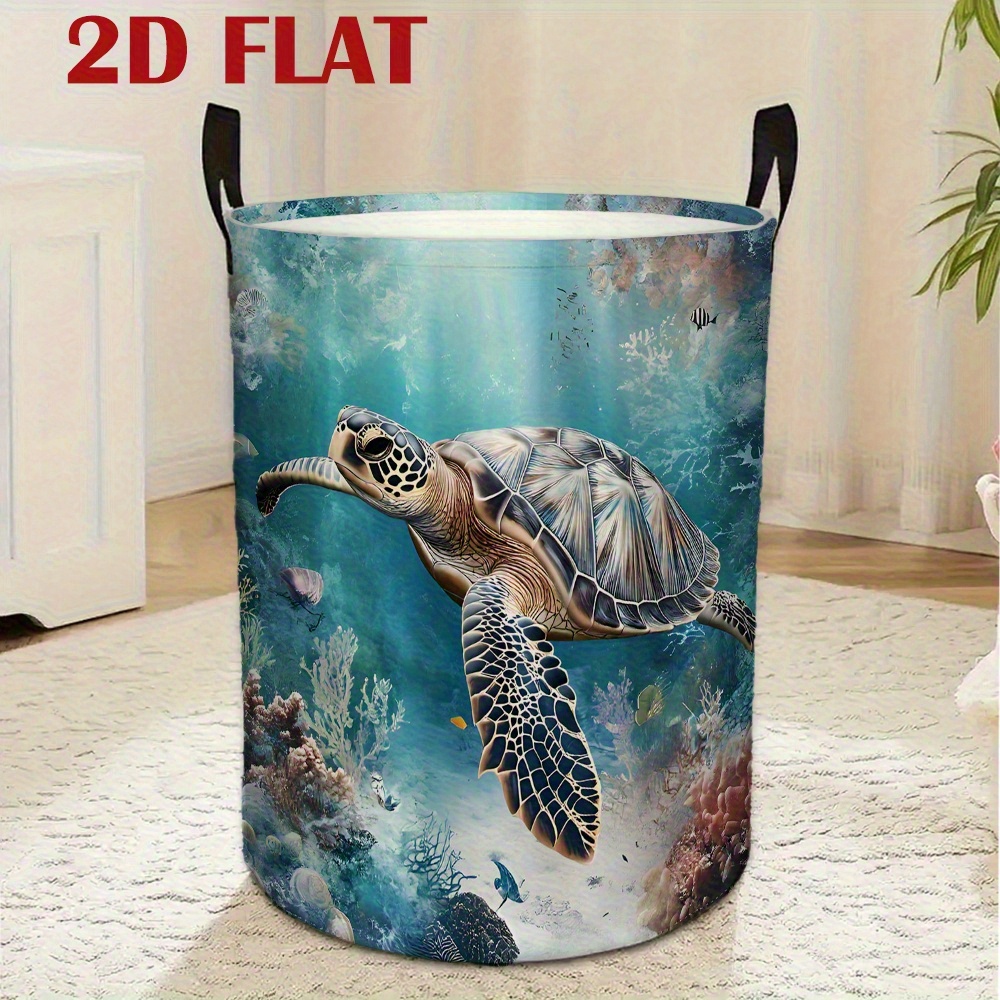 TEMU Panier à linge sale, motif tortue de mer et sous-marin, fibre de polyester, panier de rangement, grand panier de rangement, portable et pliable,