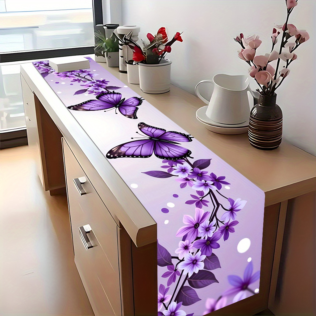 TEMU 2d Flat Printed Table Runner 1pc, A Couple Of Purple Butterflies Sitting On Top Of A1, Bright Polyester Fabric, Holiday Tablecloth, Suitable For