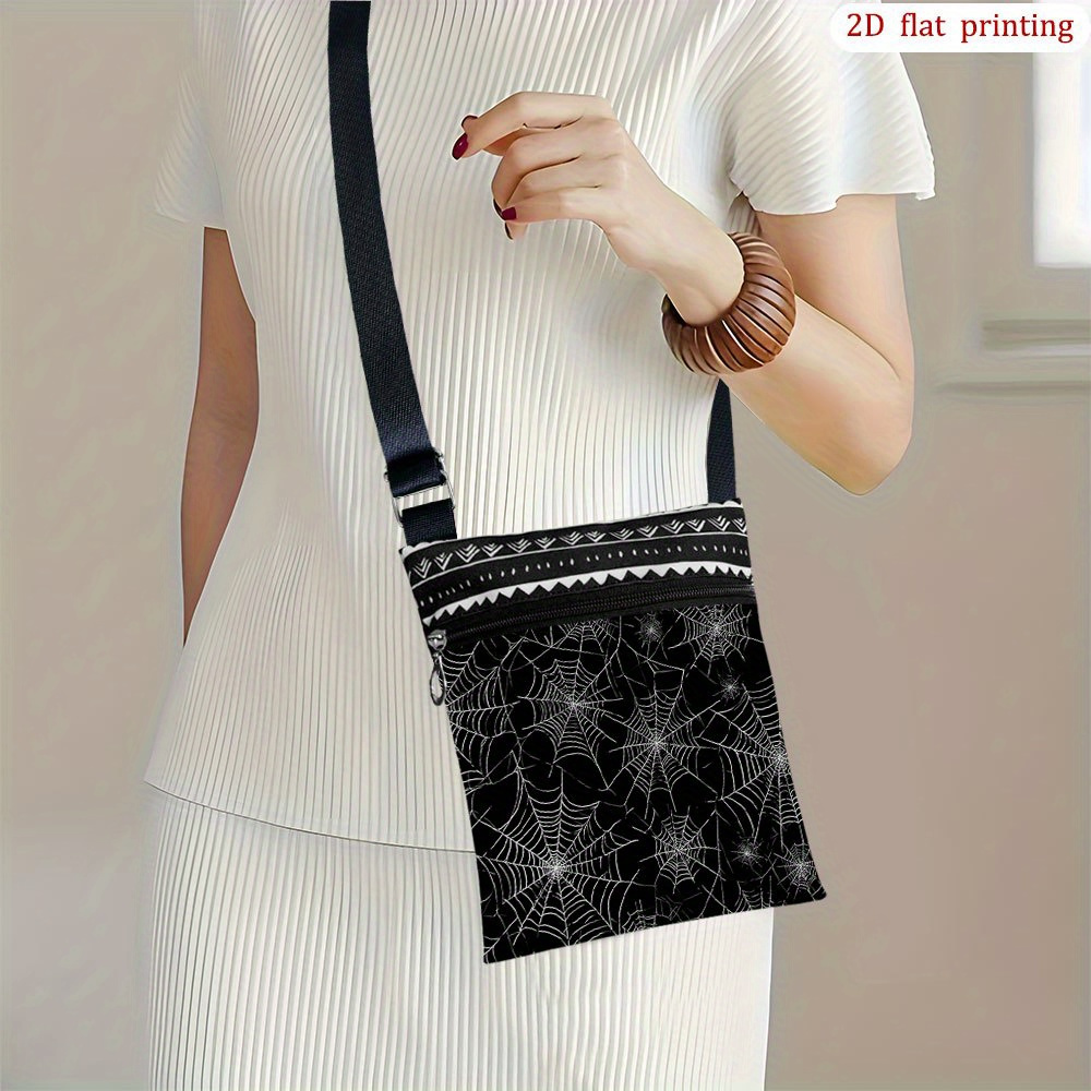 TEMU 1pc Bolso Bandolera Gótico de Tela de - Estampado de Tela Negra y , Bolso Pequeño de , Correa Ajustable y Cierre de Cremallera, Bolso Duradero