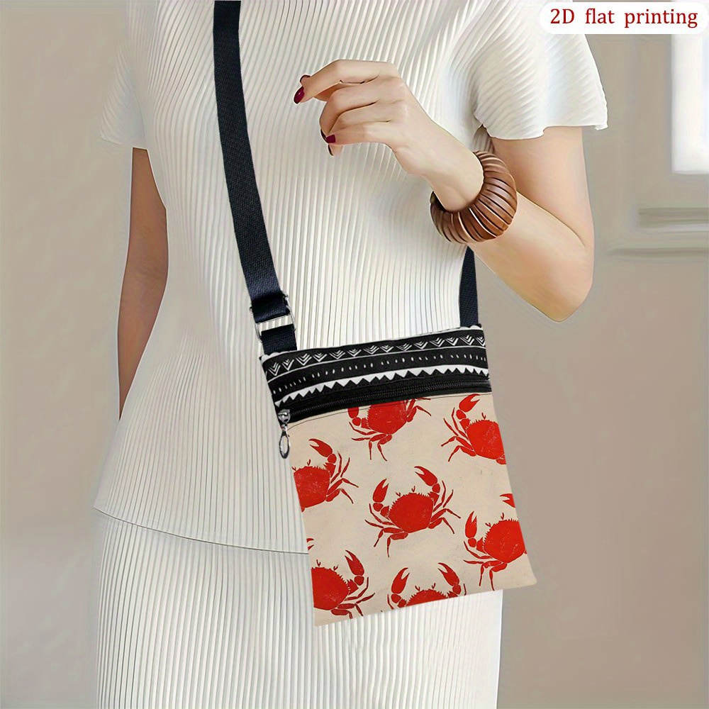 TEMU 1pc Crab & Shells Sea-themed Crossbody Bag With Adjustable Strap & Zipper Closure - Nautical Print Colors (////) - Durable For Beach Trips,