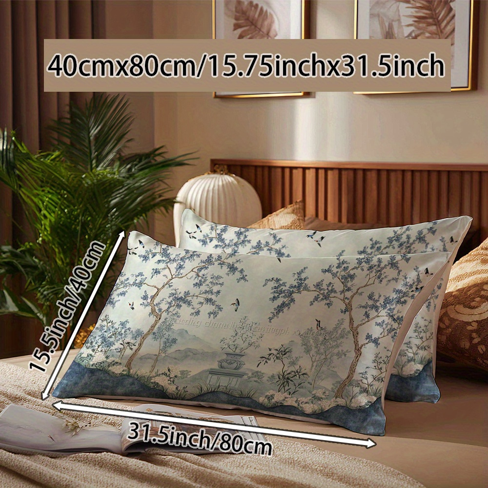 TEMU Ensemble de 2 taies d'oreiller/Draps/Housses de coussin/Plaques de lit en soie de imprimées sur une face avec motif floral et oiseaux chinois /