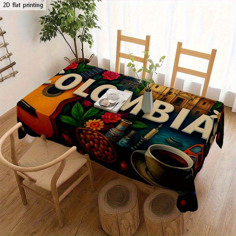 TEMU 1 pieza de mantel 2D , elegante y hermoso, lavable a máquina y fácil de limpiar, estilo , guitarra y café, colorido, en culturales, mantel