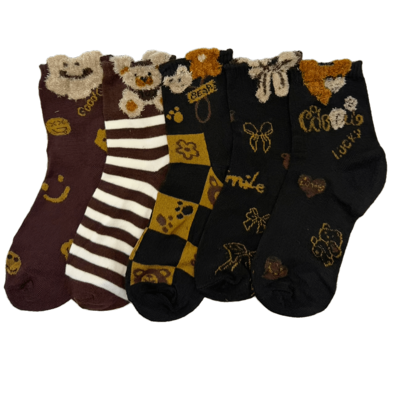 TEMU 5 Pairs Of Ladies' -style Striped Checkered Heart-shaped Plush Bear Pattern Mid-calf Socks. Soft Mid-calf Cartoon Pattern Socks, Comfortable And