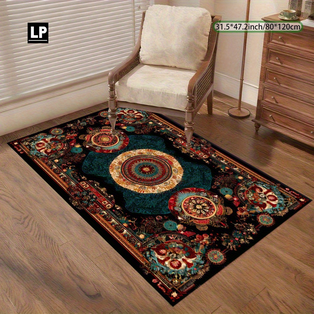 TEMU 1pc Bohemian Style Multicolor Floral Pattern Carpet, Soft And Durable Velvet 850g/ã¡ Non-slip Dot Plastic Backing With Edges, Machine Washable