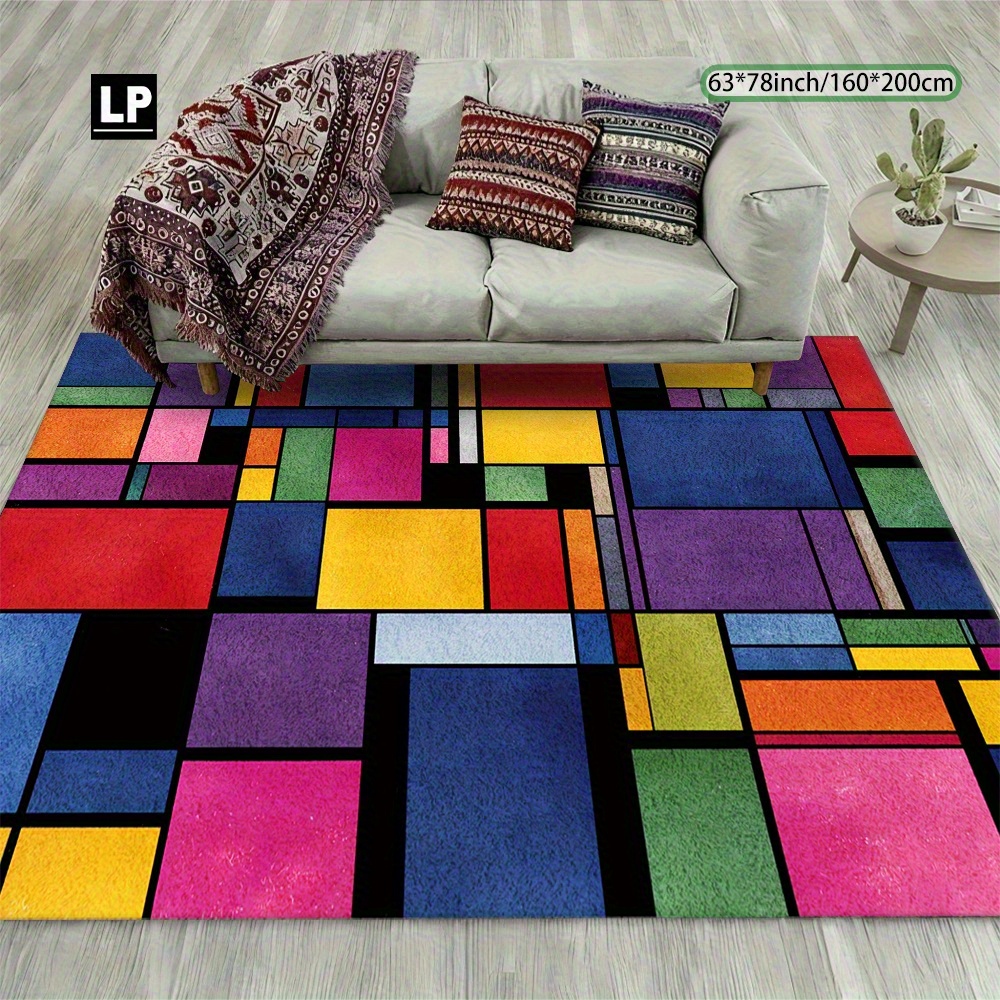 TEMU 1pc Abstract Art Multicolor Square Pattern Carpet, Soft And Durable, Velvet 850g/mÂ² Non-slip Dot Plastic Backing, Double-stitched Edge, Machine