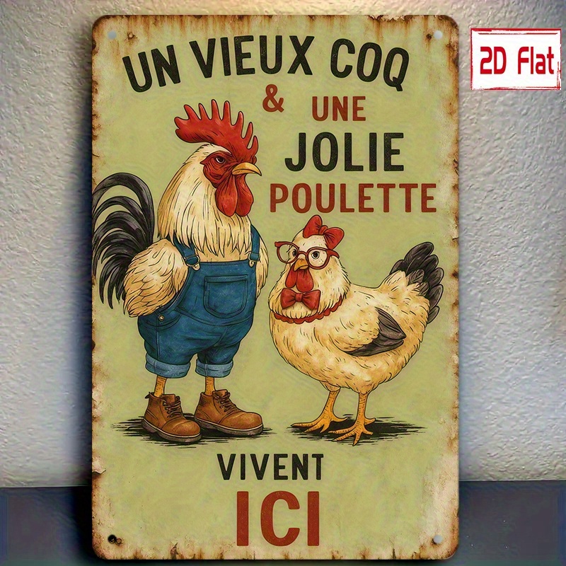 TEMU Panneau Mural Métallique 2D Plat, Coq et Poule de la Française - Plaque Rustique de Ferme, pour Restaurants - Française "Un Coq & Une Jolie Ici"