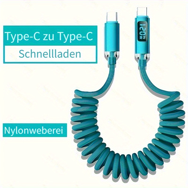 120w schnellladekabel, typ-c zu typ-c, mit  -anzeigefunktion, gewickelte bauform,   für zuhause, autos motorräder, als zubehör für iphone 15/16, samsung, xiaomi, huawei oppo