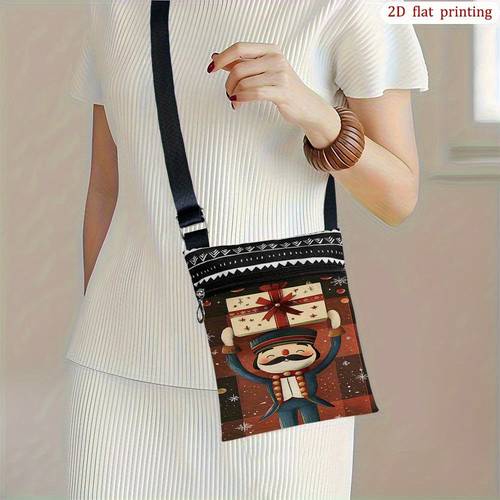 1pc christmas nutcracker snow print crossbody bag red casual zipper closure small shoulder purse adjustable strap hand washable polyester bag for daily use beach trips gift for nutcracker fans 2d flat
