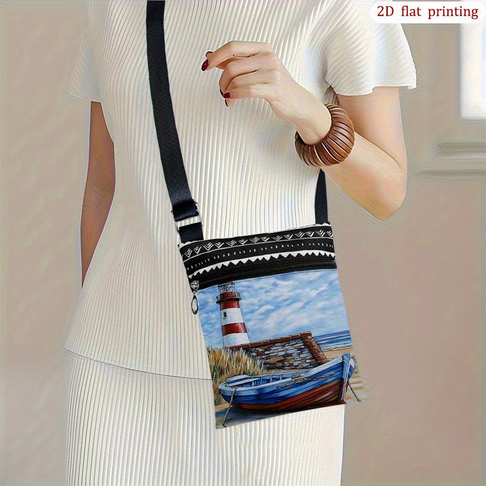 E-shop 1 Stück Strand Nautische Umhängetasche mit Boot & Druck - Blaue Maritime Farben, Verstellbarer Gurt & Reißverschluss, Langlebige Handtasche