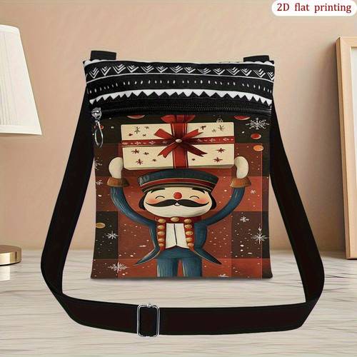 item picture 1pc christmas nutcracker snow print crossbody bag red casual zipper closure small shoulder purse adjustable strap hand washable polyester bag for daily use beach trips gift for nutcracker fans 2d flat
