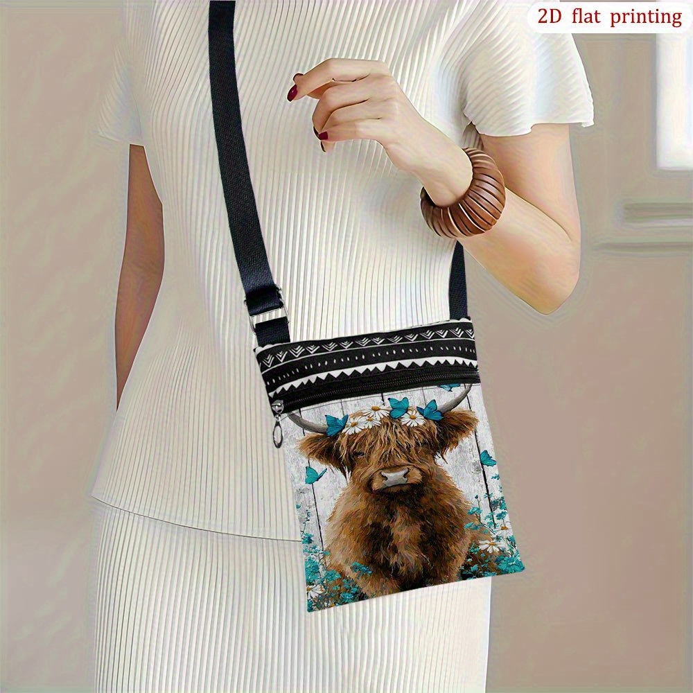 TEMU 1pc Blue & Highland Cow Crossbody Bag With Adjustable Strap, Zipper Closure - Cute Scottish Print Handbag, Durable Phone Purse For Beach Trips,