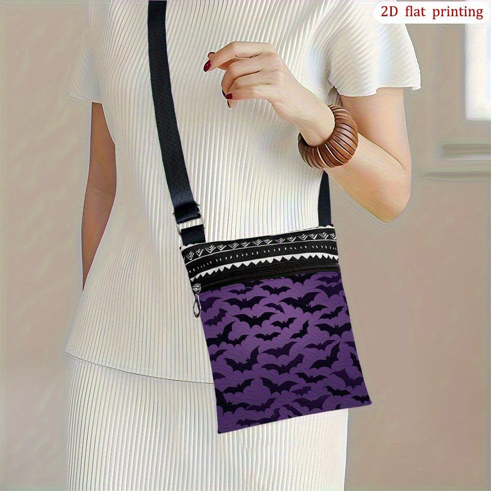 TEMU 1pc Purple Bat Print Crossbody Bag With Adjustable Strap & Zipper Closure - Casual Bat-themed Handbag For Bat Lovers, Everyday Use, Travel,