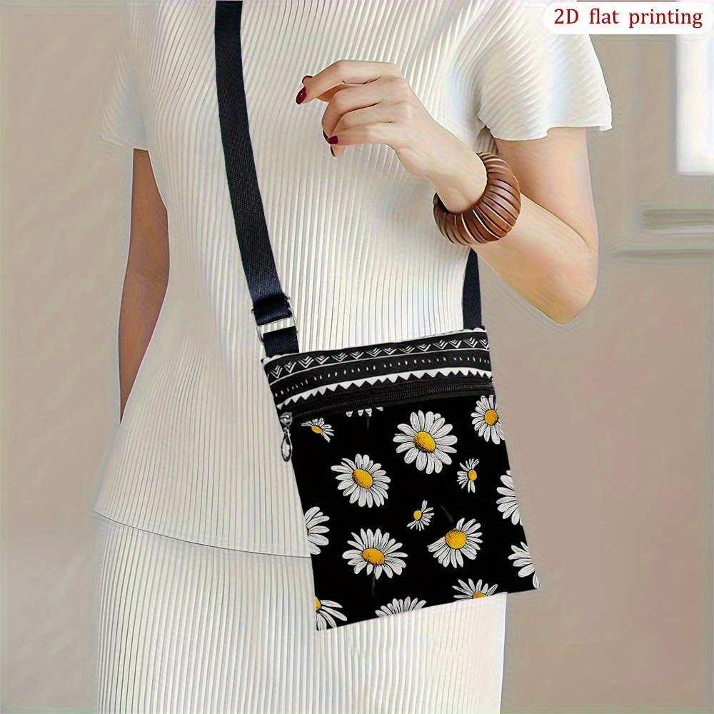 TEMU 1pc Daisy Flower Crossbody Bag With Adjustable Strap & Zipper Closure - Casual Durable Small Purse, Vibrant Daisy Print In Multicolor (///),
