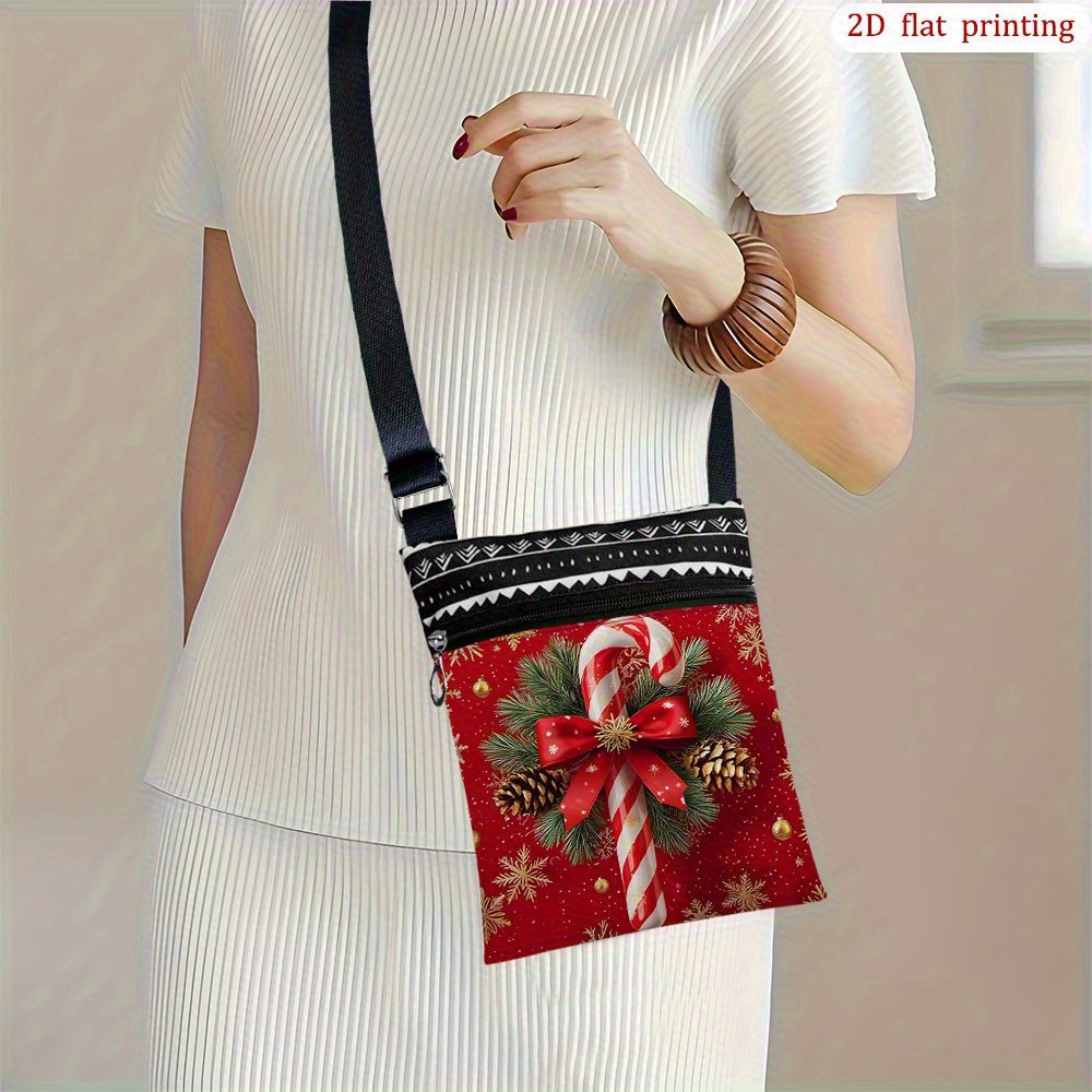 TEMU 1pc [2d Flat Printing] Christmas-themed Crossbody Bag Featuring Candy Canes, Pine Cones, And Bows. This Small Shoulder Bag, , Is Perfect For