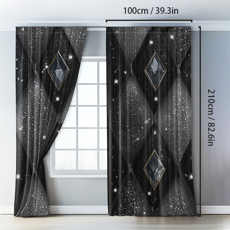 TEMU 2pcs Black And Silvery Glitter Diamond Patterned Curtains Durable Polyester Fiber Material Light Filtering Curtains Suitable For Bedroom Living