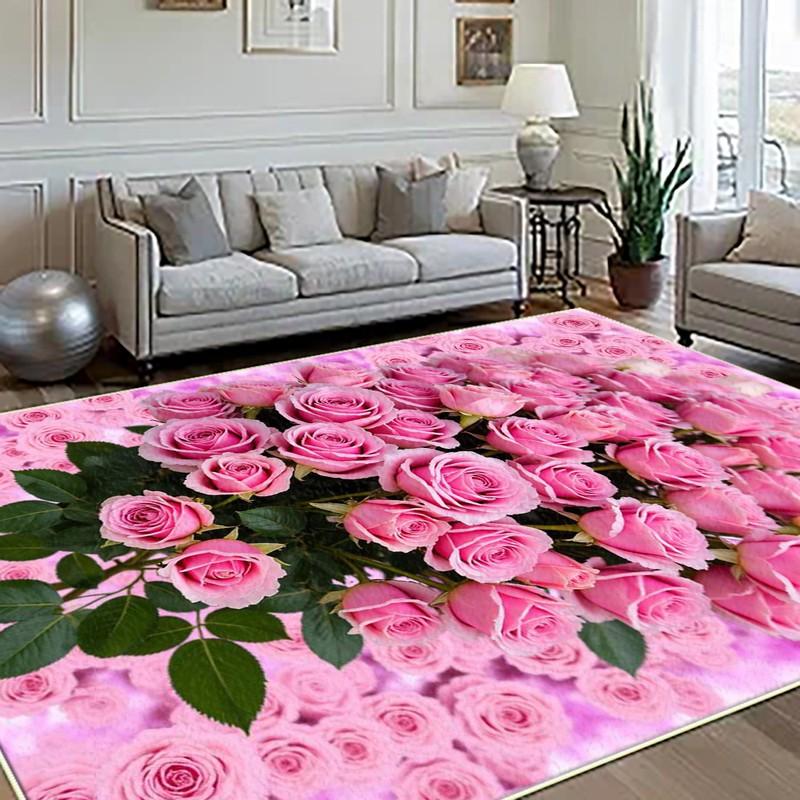 TEMU 1pc Pink Rose Patterned Local Carpet, Lightweight Soft Comfortable Machine Washable Easy To Manage Carpet Mat Home Decoration, Bedroom, Living