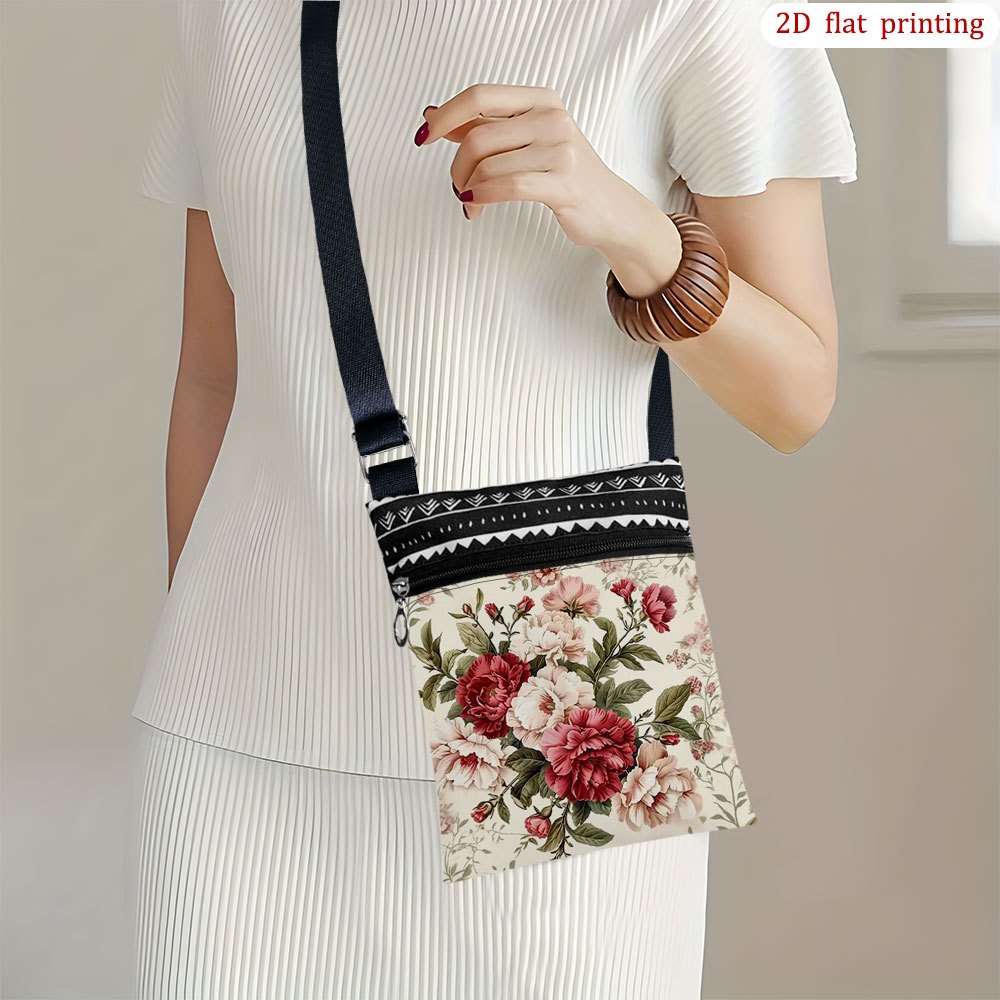 TEMU 1pc [2d Flat Printing] Rose Peony Leaf Bud Flower Crossbody Bag For Daily Use, Featuring Bright Designs, Fashionable And Lightweight Small Phone