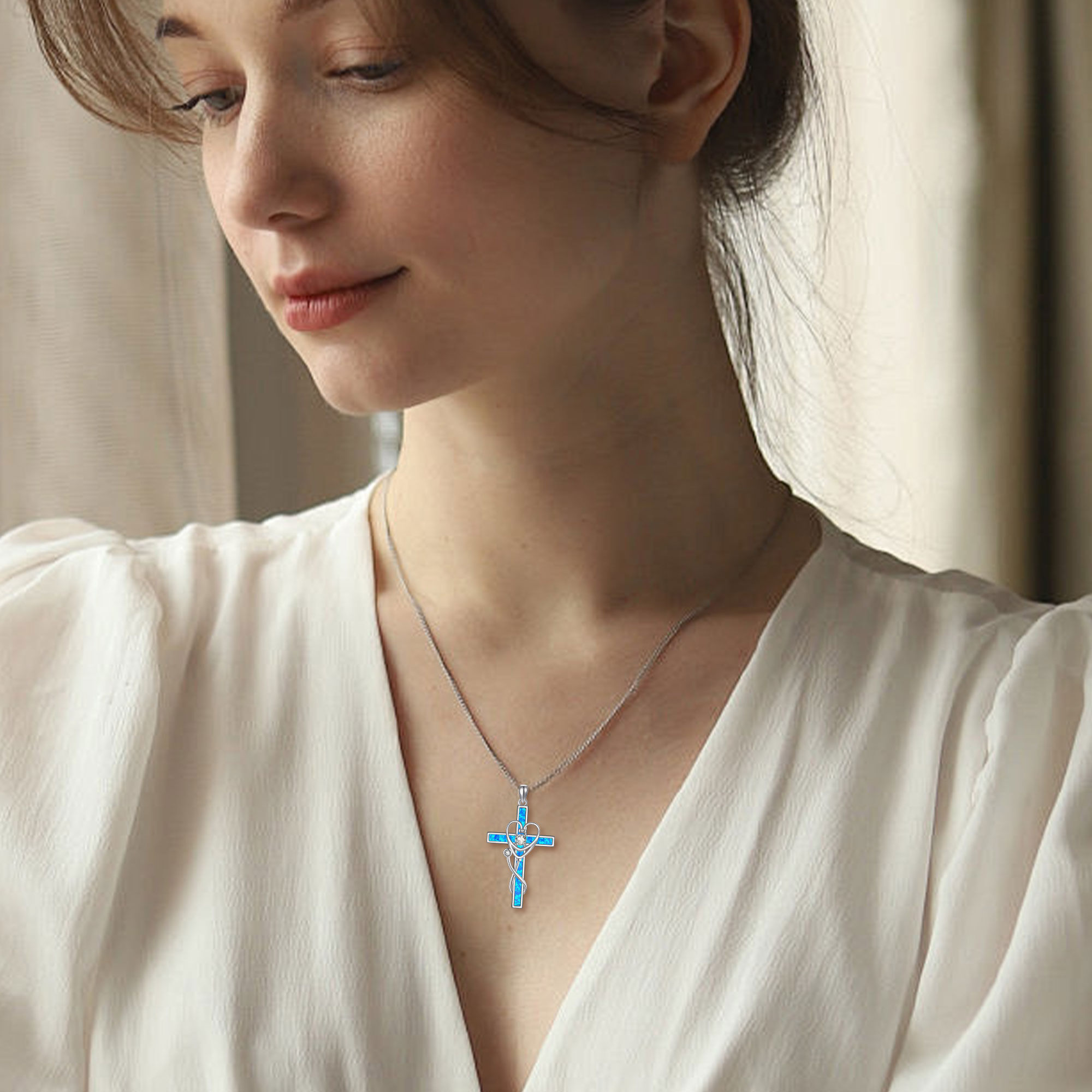 925 Sterling Silver Stethoscope Necklace with Synthetic Opal