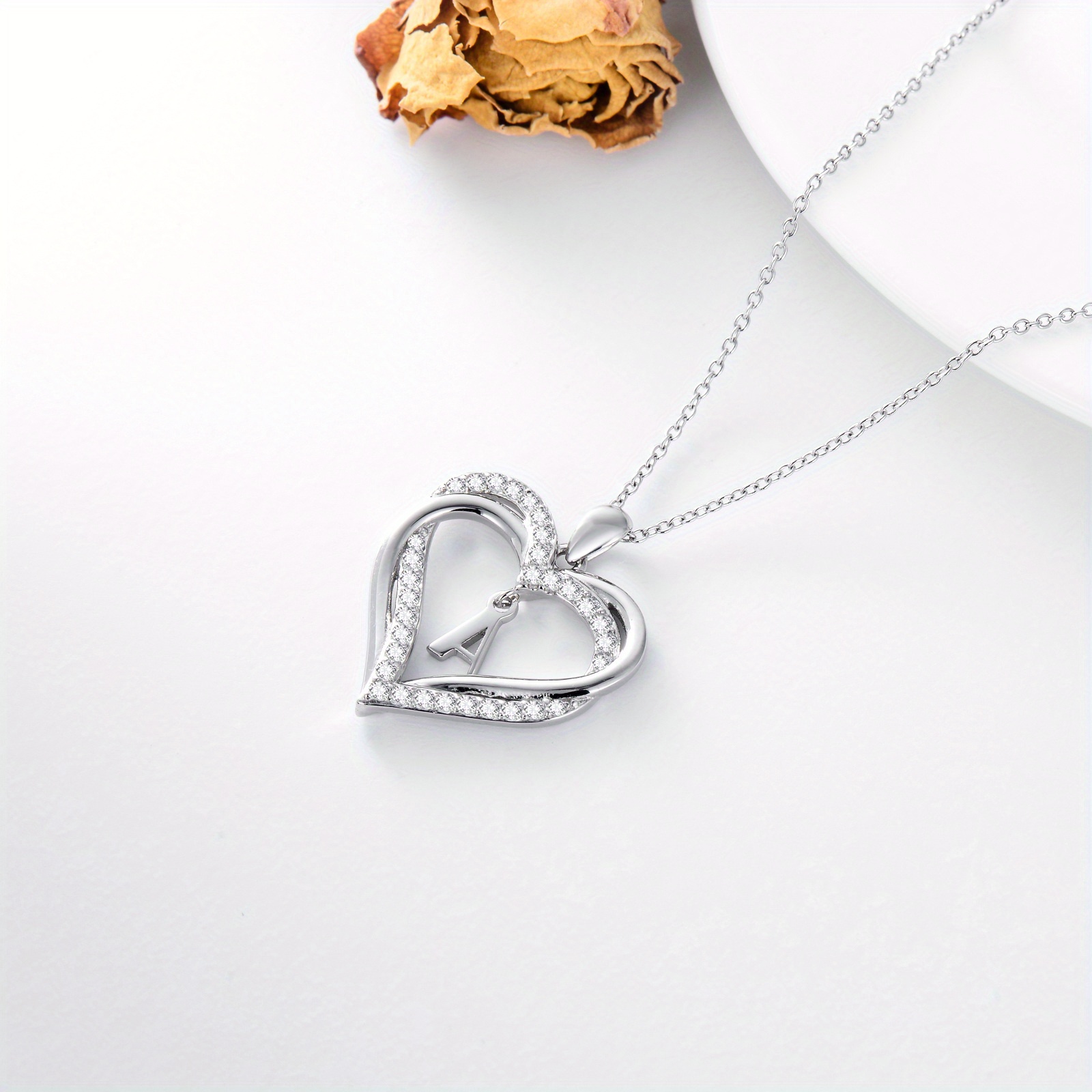 925 Silver Double Heart Initial Necklace Women