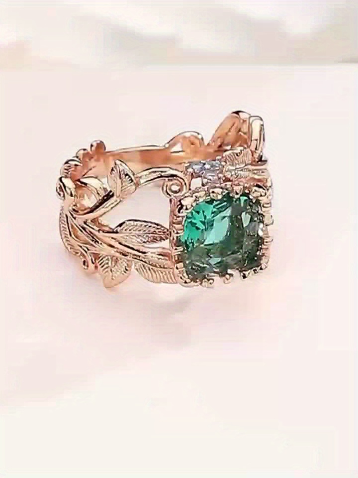 Leaf Shaped Copper Ring with Sparkling Synthetic Zirconia