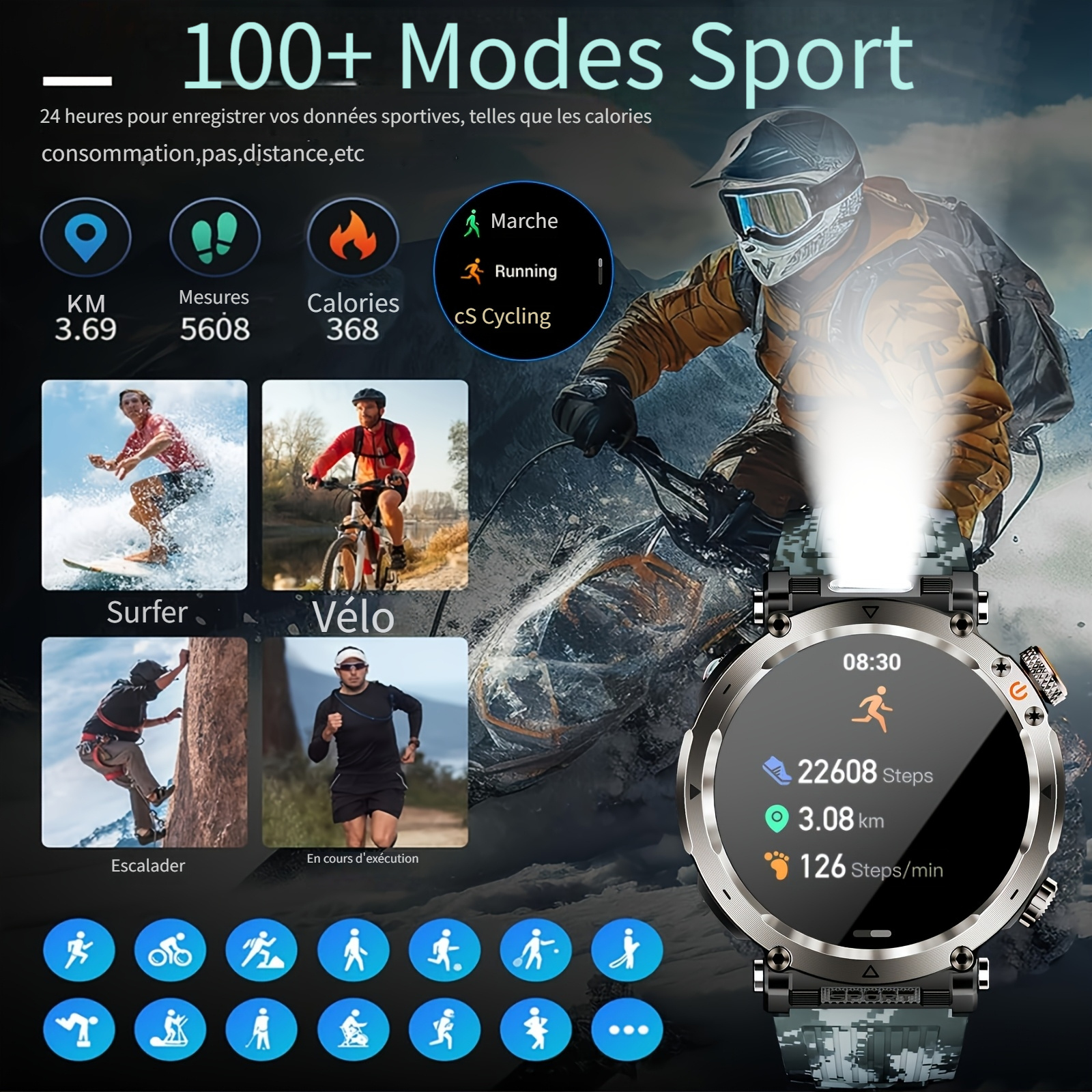 Montre Connectée de Sport d'Extérieur 1.7 pouces, Convient aux Hommes, Supporte Wireless 5.0, Écran IPS 360P, Boîtier en Alliage, en Silicone, Batterie Rechargeable 600Mah, Plus de 100 Modes Sportifs, Boussole, Fonction de Conversation, Chargement USB, Super Lampe Torche – Image 12