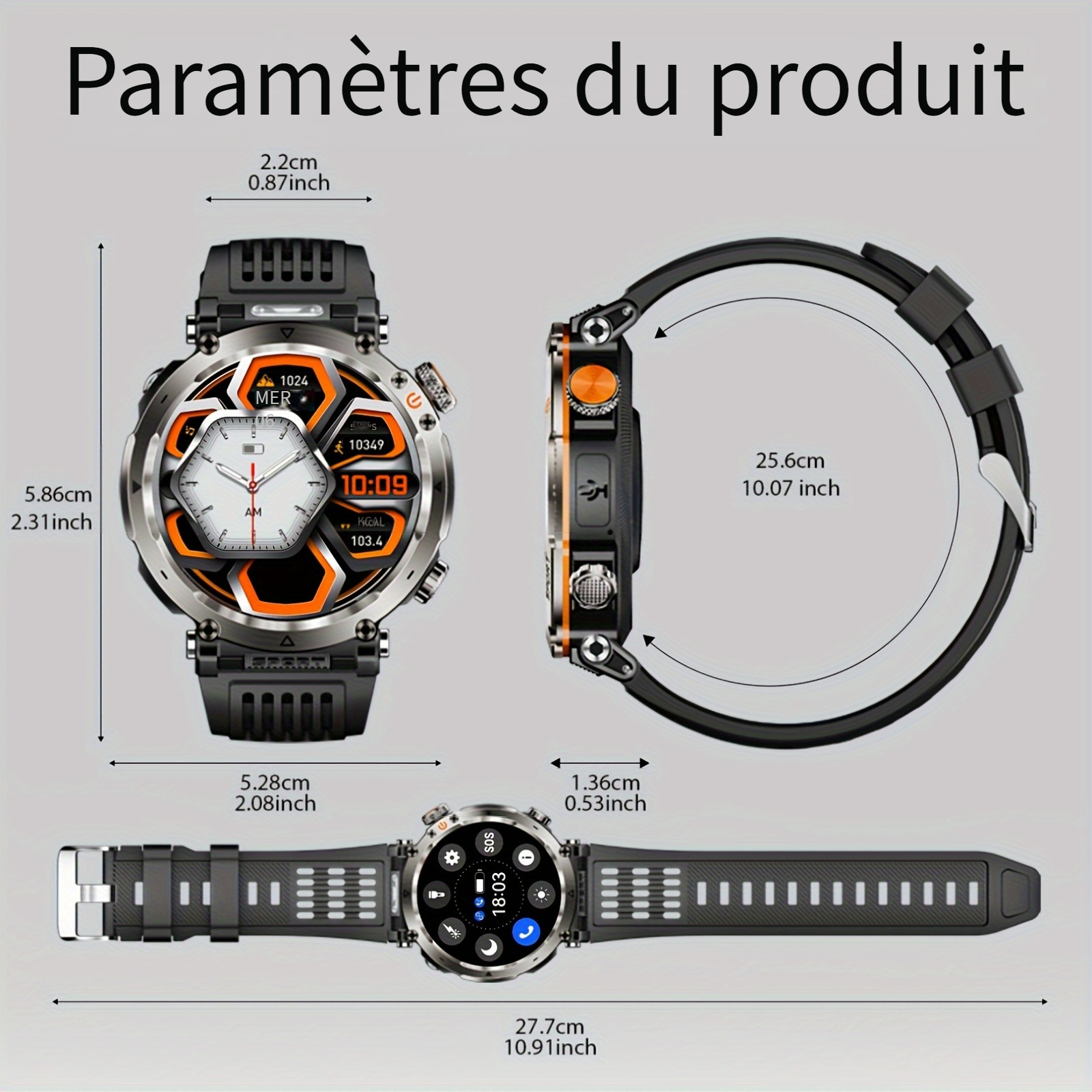 Montre Connectée de Sport d'Extérieur 1.7 pouces, Convient aux Hommes, Supporte Wireless 5.0, Écran IPS 360P, Boîtier en Alliage, en Silicone, Batterie Rechargeable 600Mah, Plus de 100 Modes Sportifs, Boussole, Fonction de Conversation, Chargement USB, Super Lampe Torche – Image 4