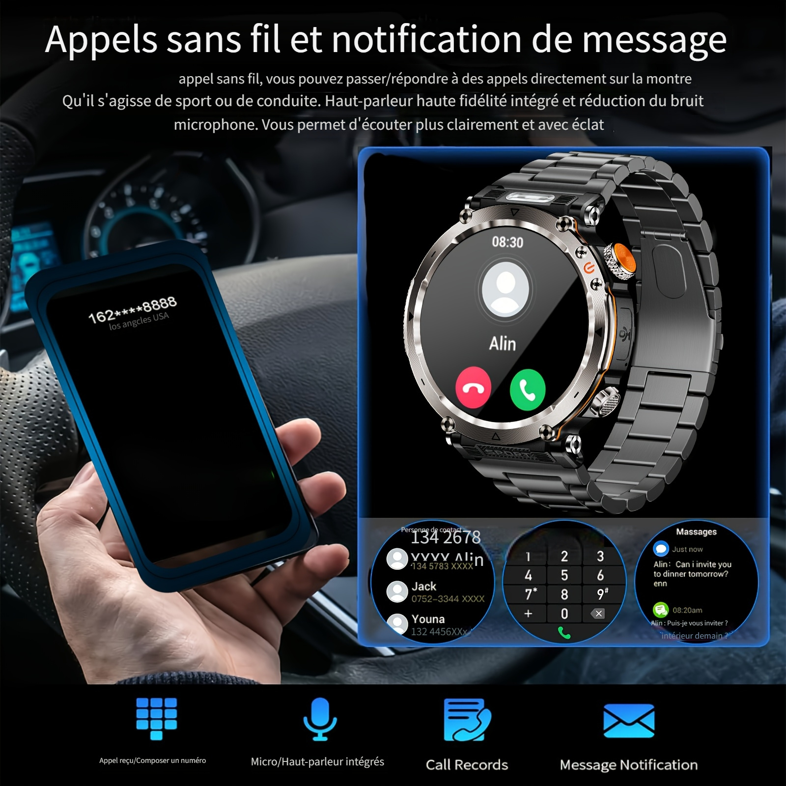 Montre Connectée de Sport d'Extérieur 1.7 pouces, Convient aux Hommes, Supporte Wireless 5.0, Écran IPS 360P, Boîtier en Alliage, en Silicone, Batterie Rechargeable 600Mah, Plus de 100 Modes Sportifs, Boussole, Fonction de Conversation, Chargement USB, Super Lampe Torche – Image 8