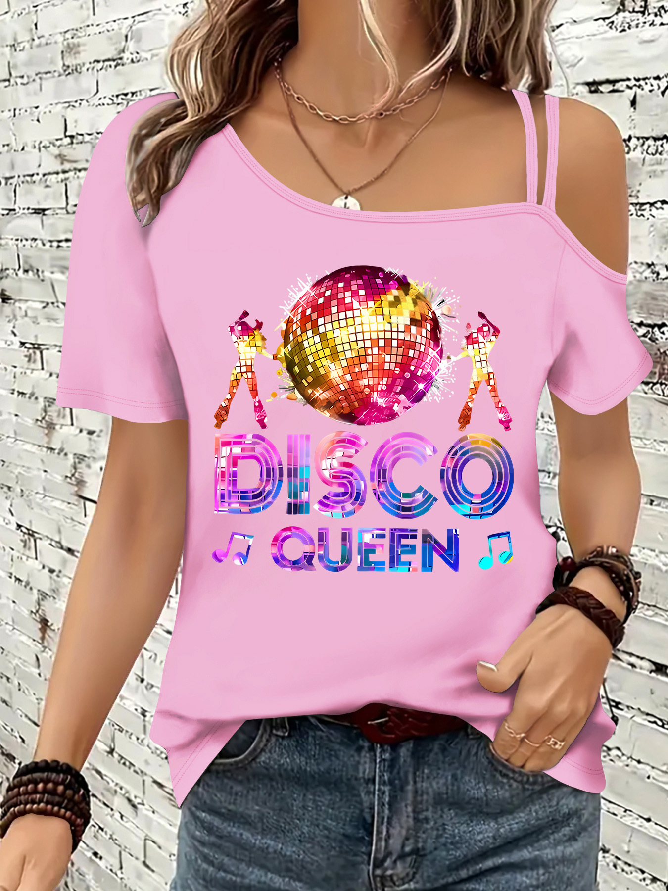 Women's Retro 80s Party Outfit Floor Graphic T-Shirt with Ball  Dance Relaxed Fit Stretchy