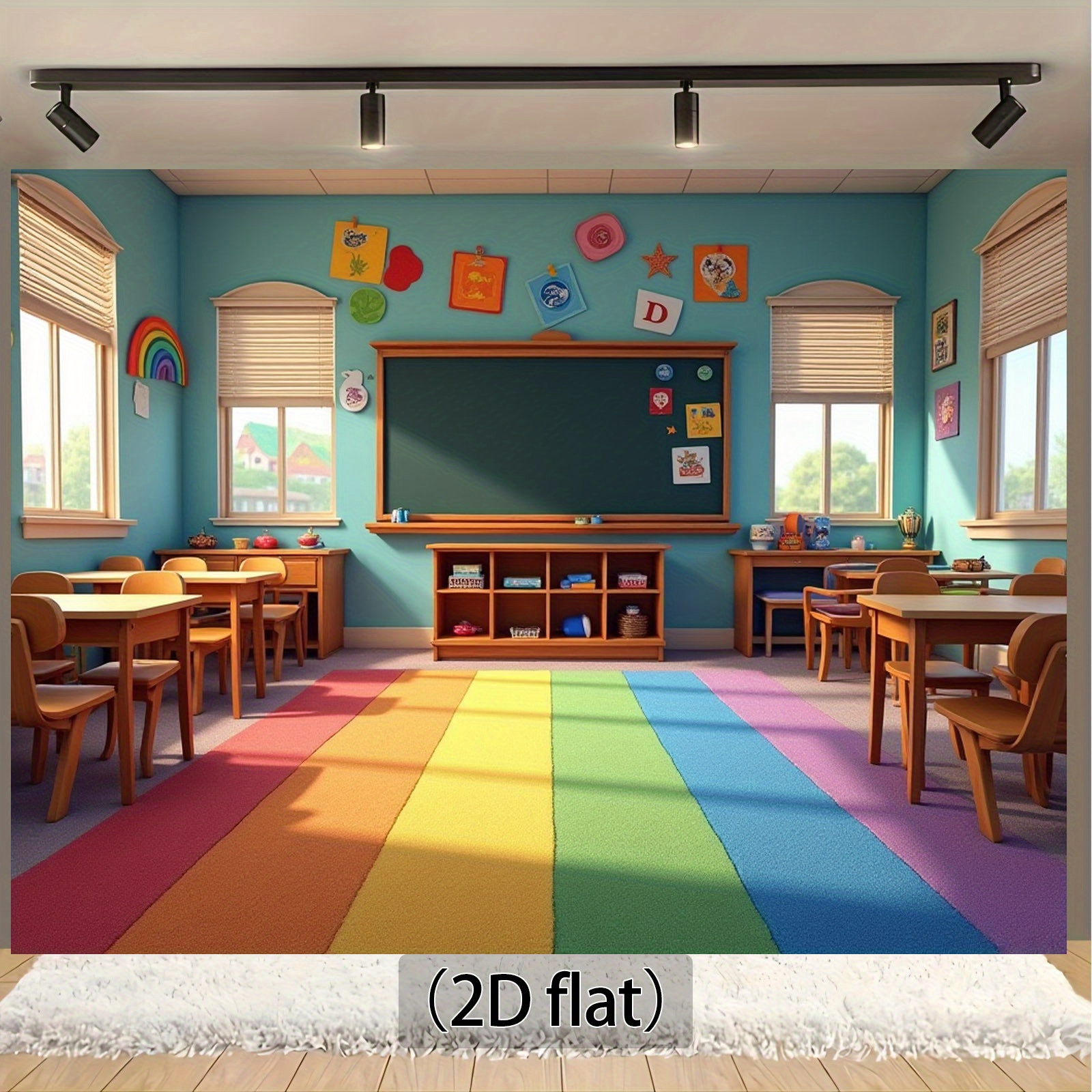 2d flat 1pc classroom backdrop with desks chairs 2d flat educational school decor carpet chalkboard surface no electricity needed for teachers homeschool birthday parties photo shoots du ble floor deco tion with  ow colors blackboard design homeschool setup colorful carpet   fabric   photog phy background   2d flat