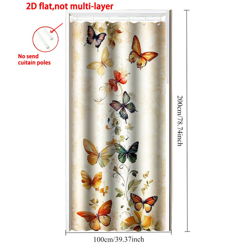 TEMU Rideaux de Porte à Impression Plate 2D avec Motif Papillon et Floral - Panneau Fenêtre Intimité Beige Pastel & Doré, Tissu Avec Crochets